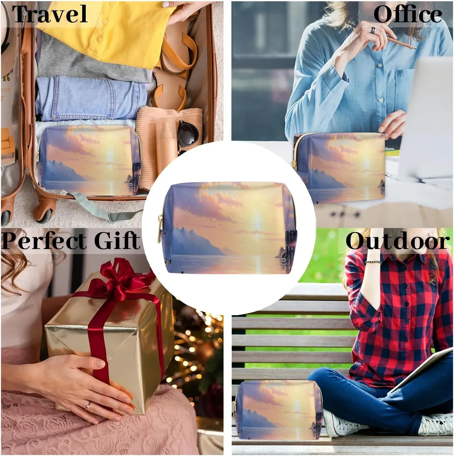 Exquisite Pattern Vivid Flora Travel Makeup Bag for Women, PU Leather Waterproof Checkered Cosmetic Bags Large Make up Bag Zipper Pouch