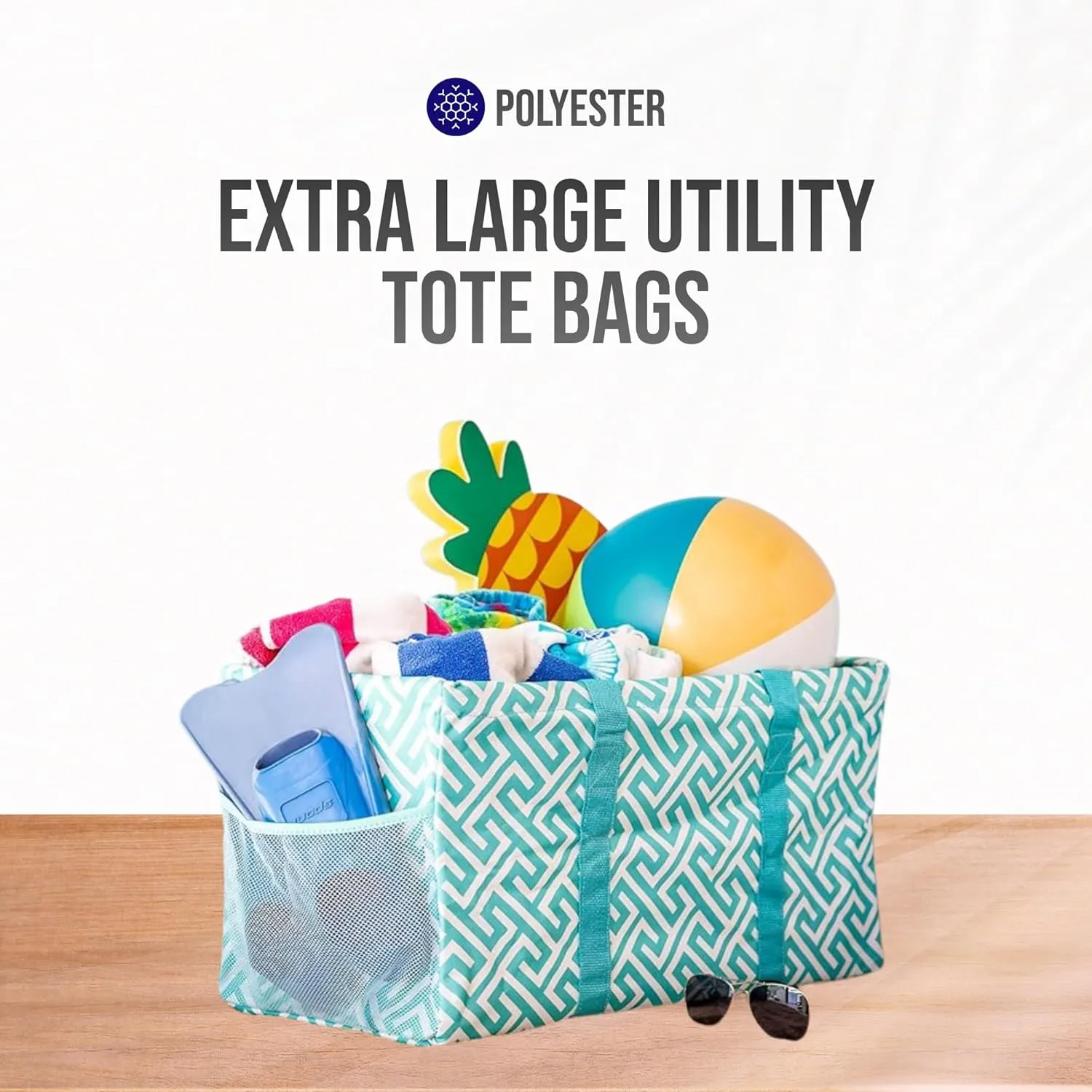 Extra Large Utility Tote Bag - Oversized Collapsible Reusable Wire Frame Rectangular Canvas Basket With Two Exterior Pockets For Beach, Pool, Laundry, Car Trunk, Storage - Geometric Teal