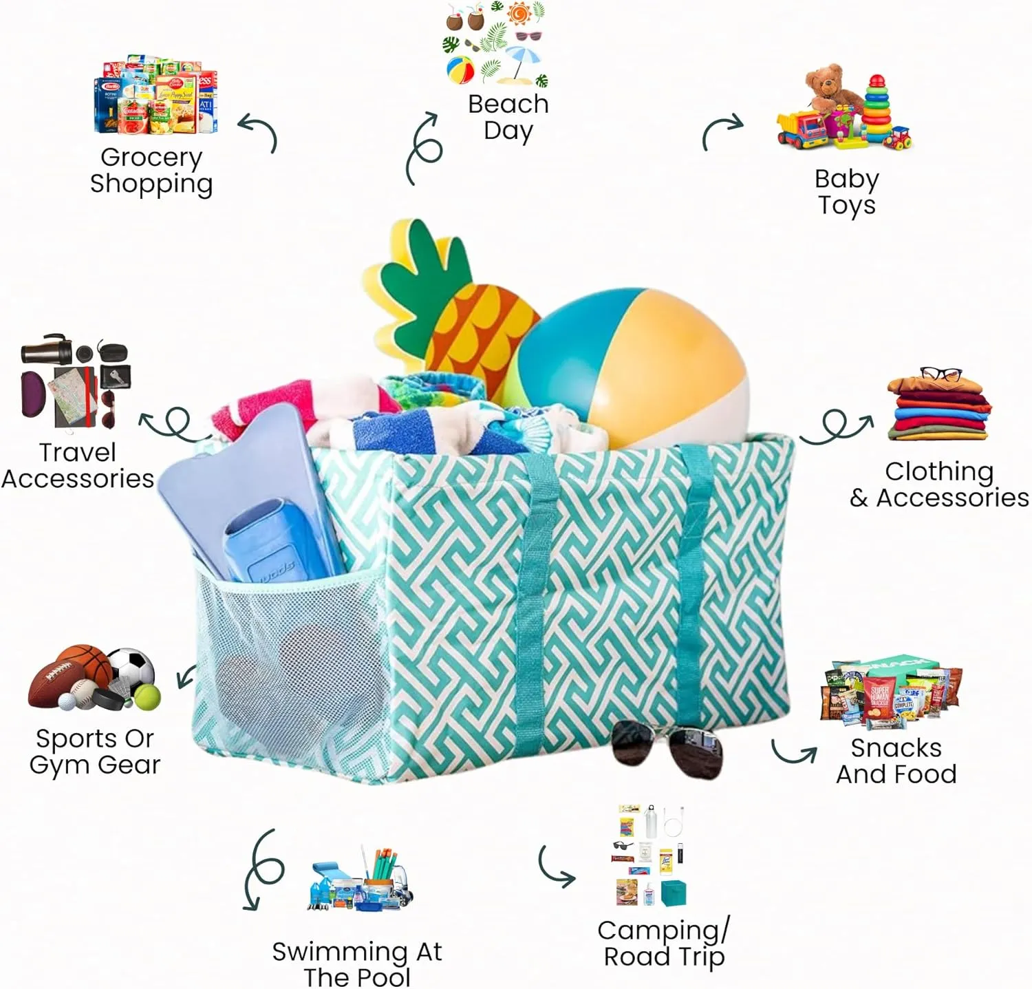 Extra Large Utility Tote Bag - Oversized Collapsible Reusable Wire Frame Rectangular Canvas Basket With Two Exterior Pockets For Beach, Pool, Laundry, Car Trunk, Storage - Geometric Teal