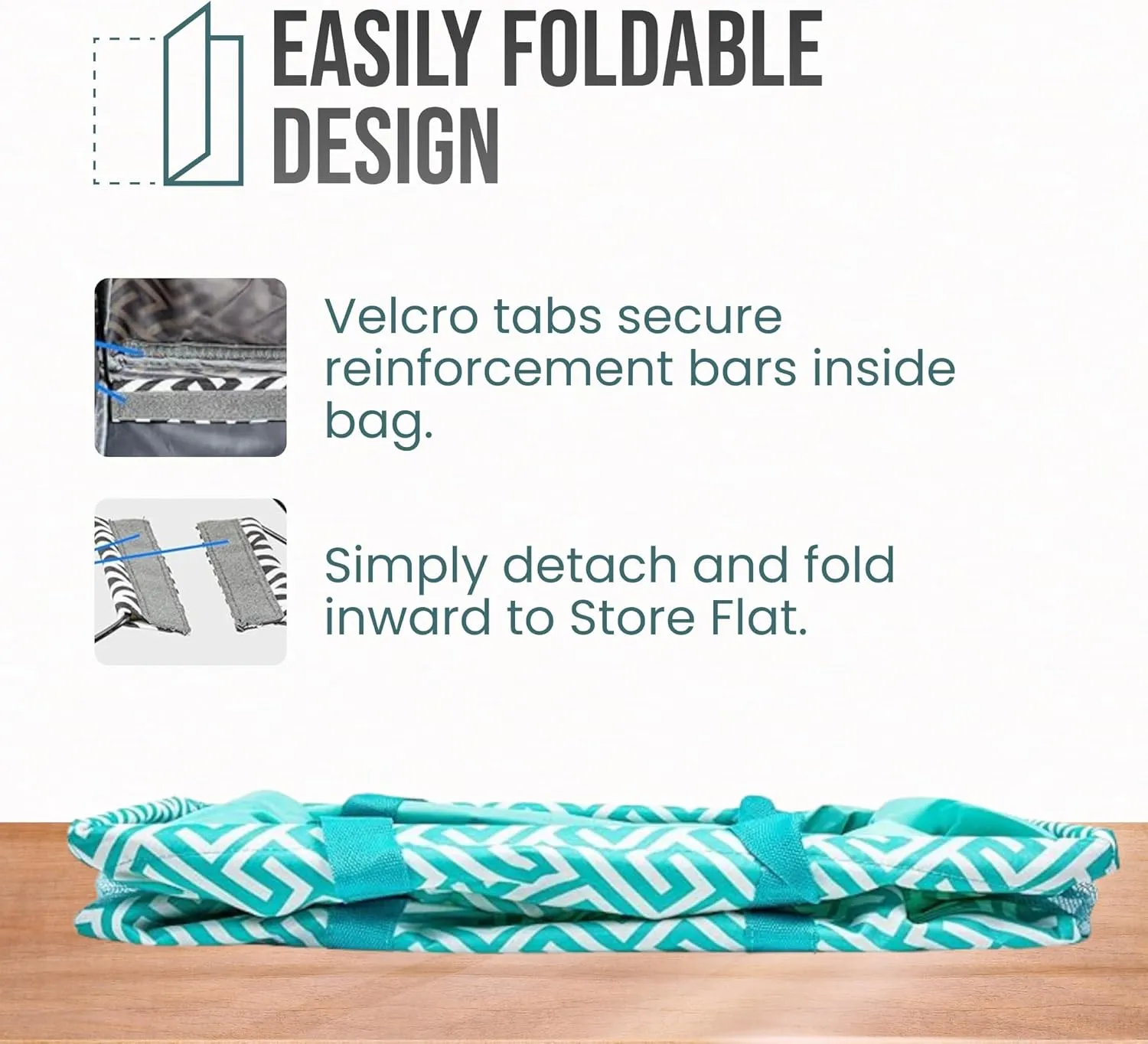Extra Large Utility Tote Bag - Oversized Collapsible Reusable Wire Frame Rectangular Canvas Basket With Two Exterior Pockets For Beach, Pool, Laundry, Car Trunk, Storage - Geometric Teal