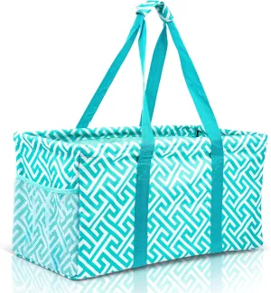 Extra Large Utility Tote Bag - Oversized Collapsible Reusable Wire Frame Rectangular Canvas Basket With Two Exterior Pockets For Beach, Pool, Laundry, Car Trunk, Storage - Geometric Teal