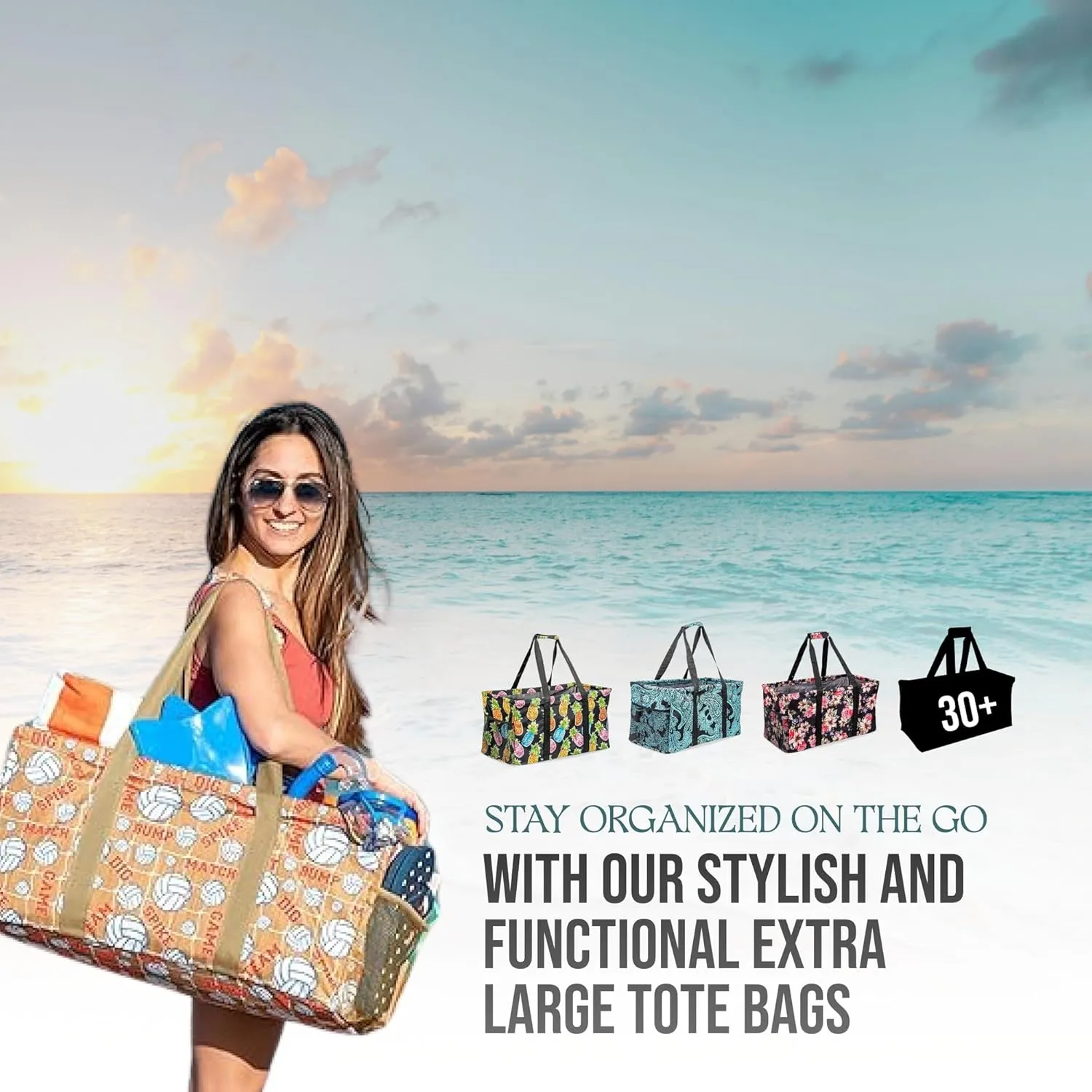 Extra Large Utility Tote Bag - Oversized Collapsible Reusable Wire Frame Rectangular Canvas Basket With Two Exterior Pockets For Beach, Pool, Laundry, Car Trunk, Storage - Geometric Teal