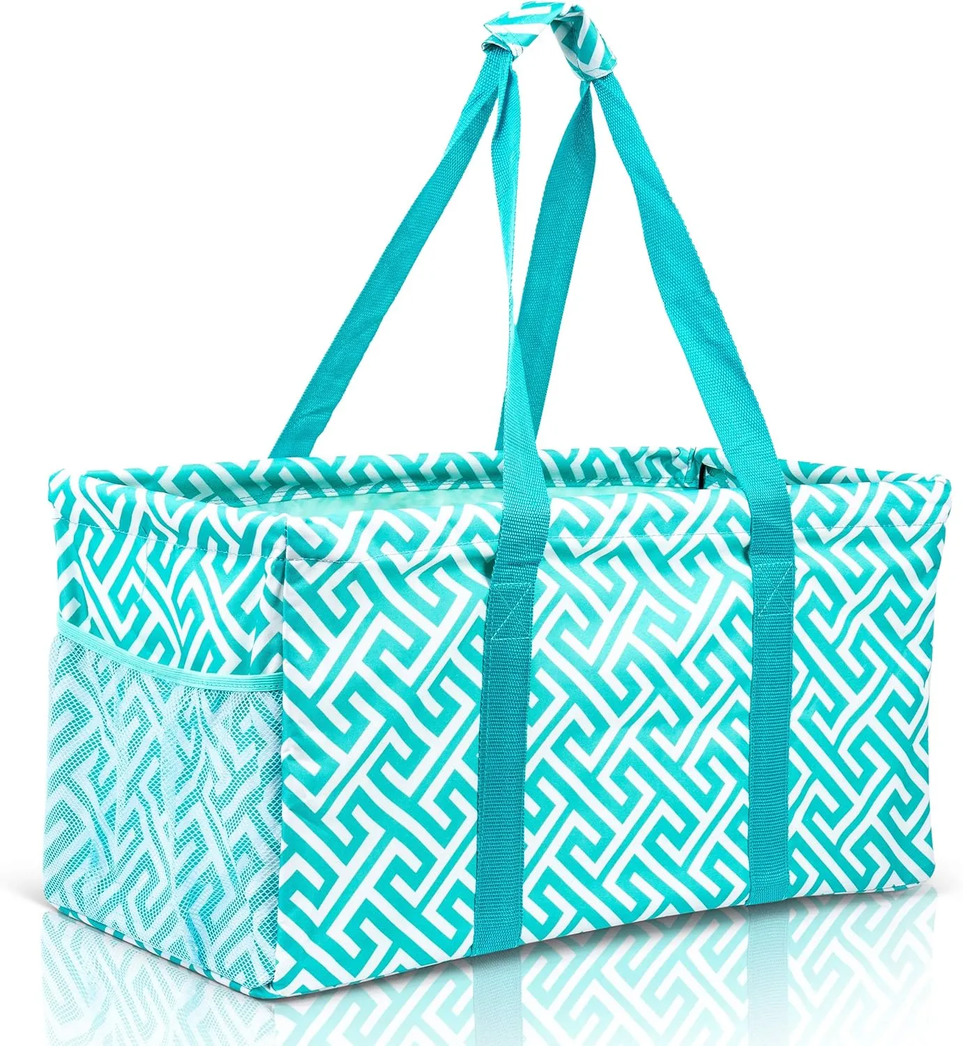 Extra Large Utility Tote Bag - Oversized Collapsible Reusable Wire Frame Rectangular Canvas Basket With Two Exterior Pockets For Beach, Pool, Laundry, Car Trunk, Storage - Geometric Teal