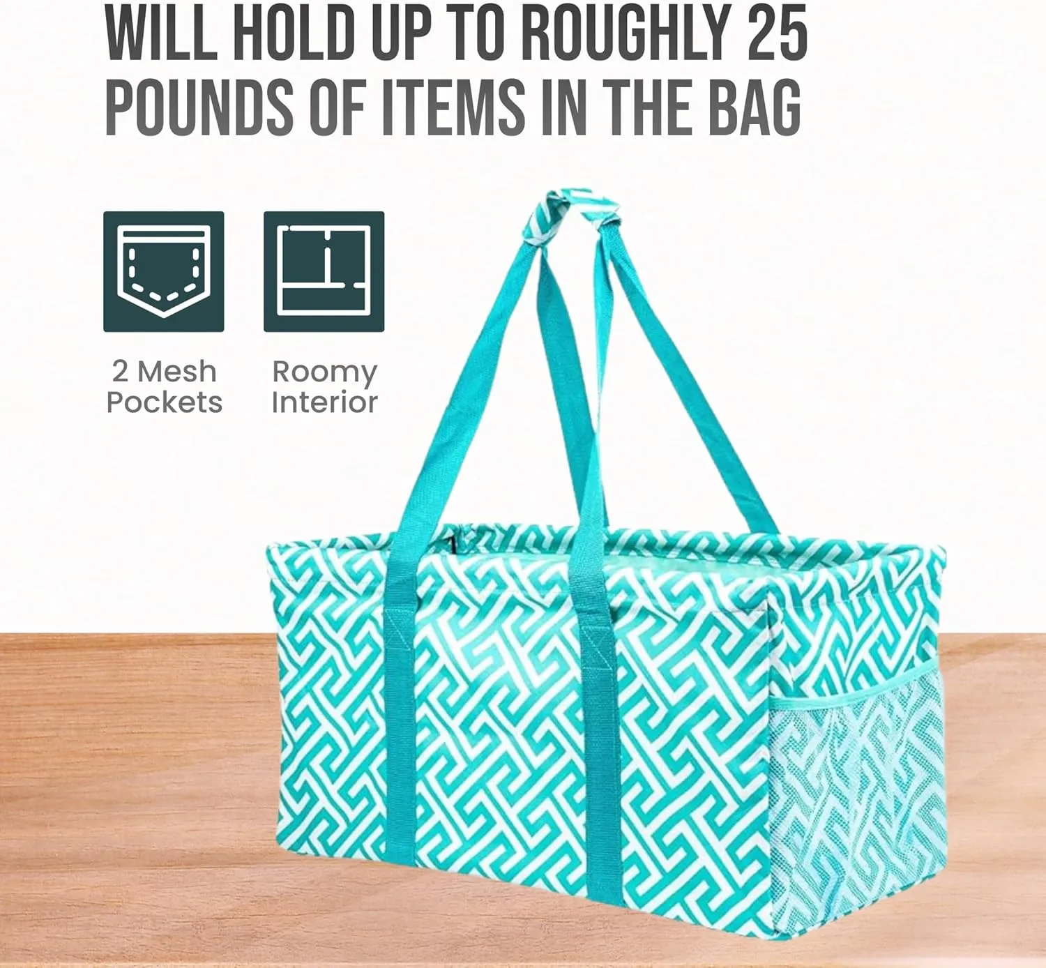 Extra Large Utility Tote Bag - Oversized Collapsible Reusable Wire Frame Rectangular Canvas Basket With Two Exterior Pockets For Beach, Pool, Laundry, Car Trunk, Storage - Geometric Teal
