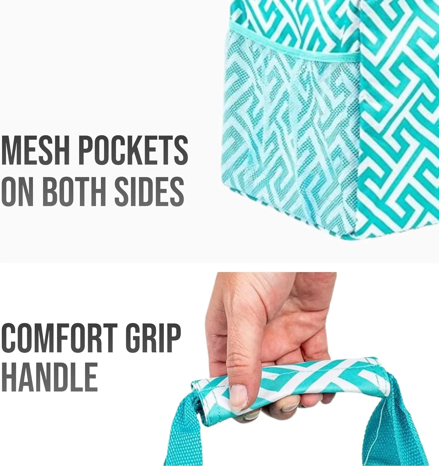 Extra Large Utility Tote Bag - Oversized Collapsible Reusable Wire Frame Rectangular Canvas Basket With Two Exterior Pockets For Beach, Pool, Laundry, Car Trunk, Storage - Geometric Teal