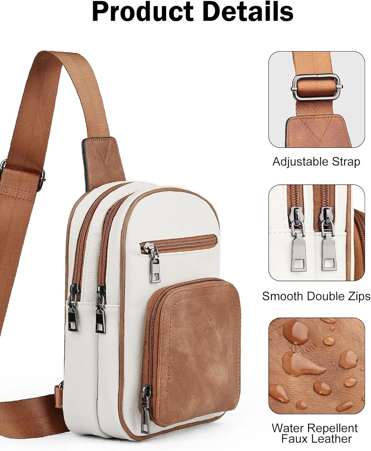 FADEON Women Sling Bags Designer Crossbody Bag, PU Leather Sling Purse Multi-Pocket Packs with Card Slot Beige Brown