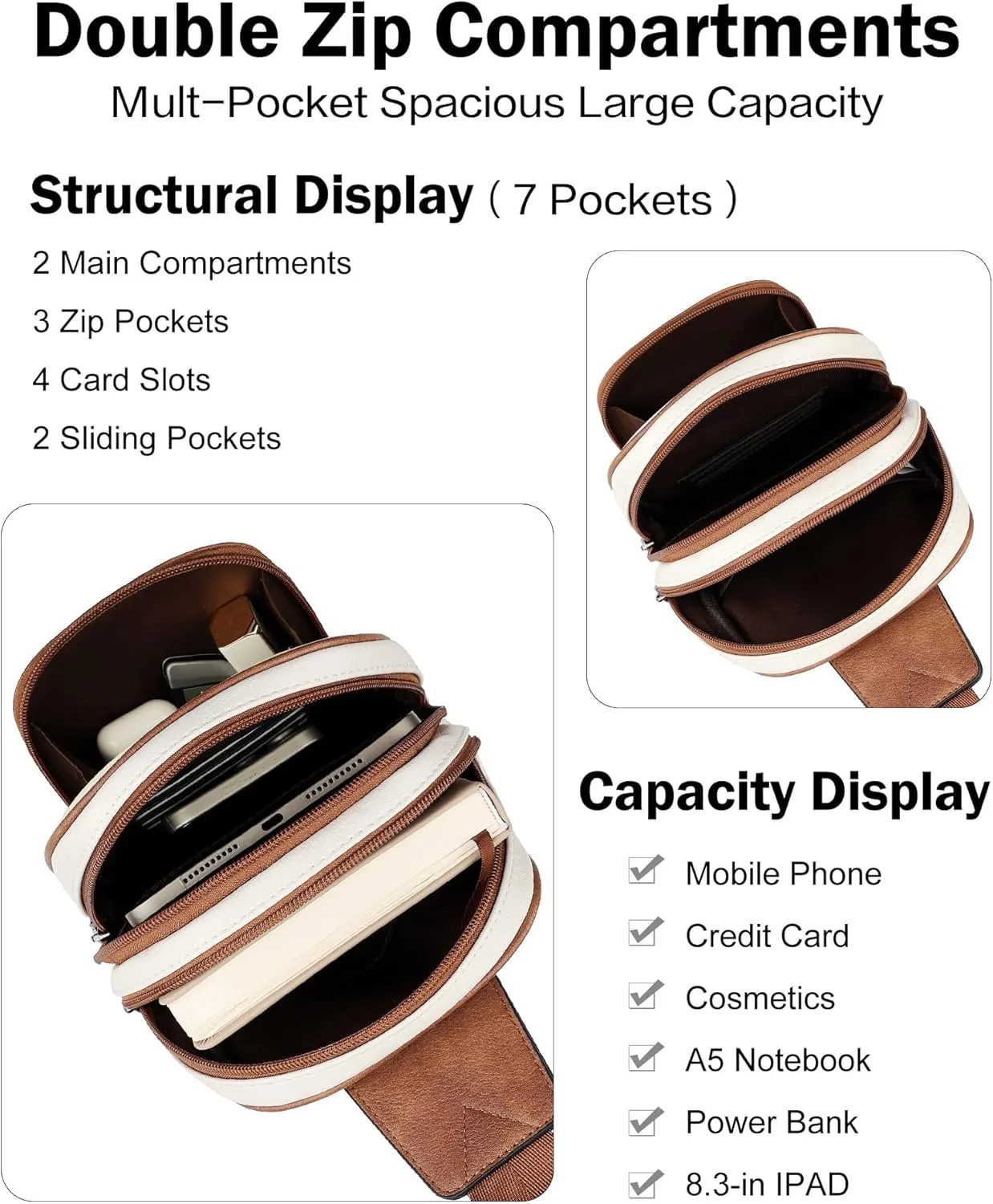 FADEON Women Sling Bags Designer Crossbody Bag, PU Leather Sling Purse Multi-Pocket Packs with Card Slot Beige Brown