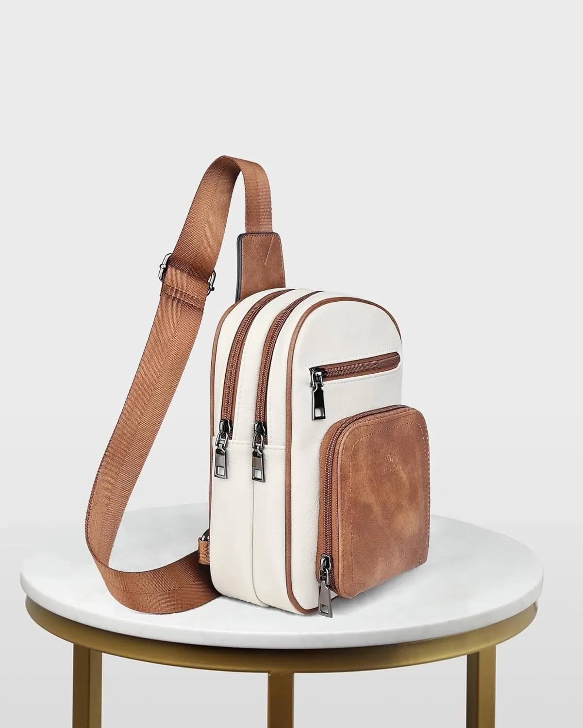 FADEON Women Sling Bags Designer Crossbody Bag, PU Leather Sling Purse Multi-Pocket Packs with Card Slot Beige Brown