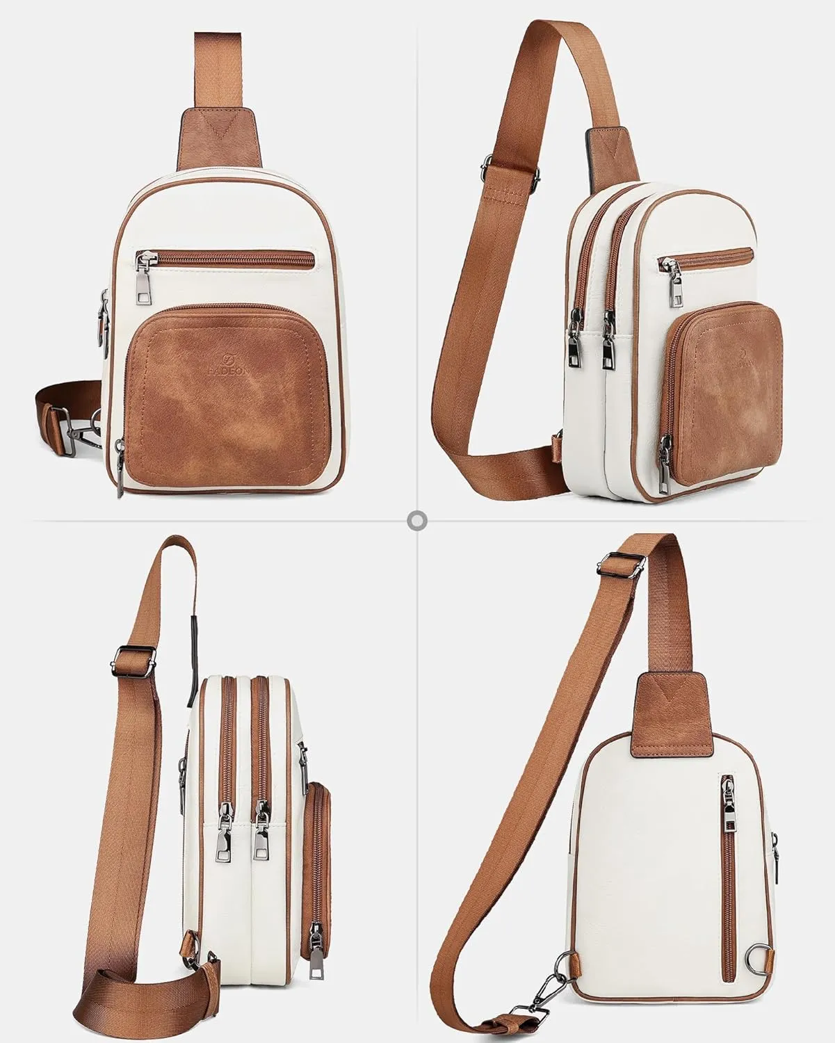 FADEON Women Sling Bags Designer Crossbody Bag, PU Leather Sling Purse Multi-Pocket Packs with Card Slot Beige Brown
