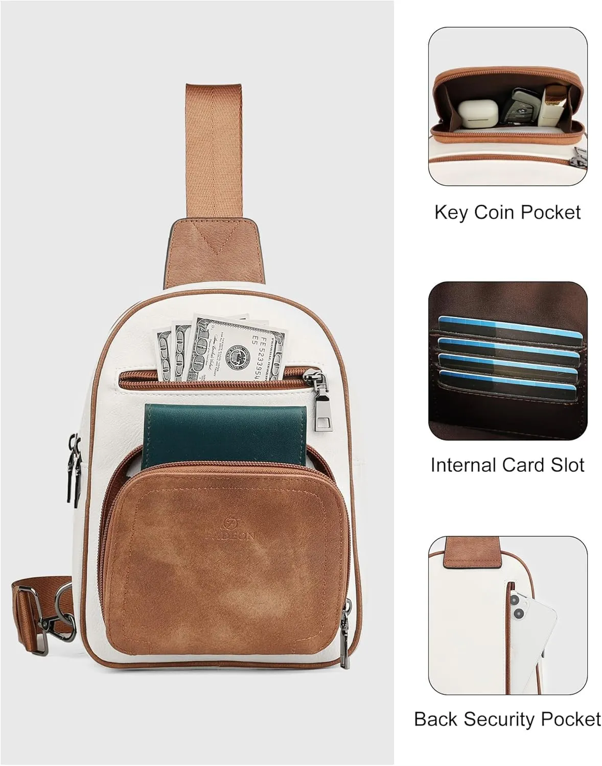 FADEON Women Sling Bags Designer Crossbody Bag, PU Leather Sling Purse Multi-Pocket Packs with Card Slot Beige Brown