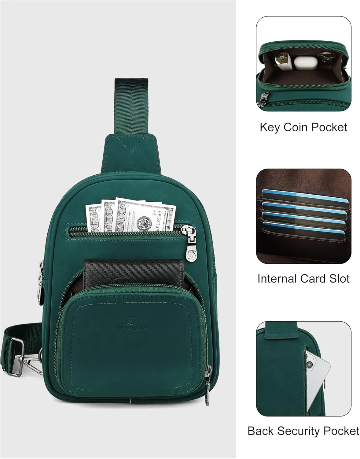 FADEON Women Sling Bags Designer Crossbody Bag, PU Leather Sling Purse Multi-Pocket Packs with Card Slot Beige Green