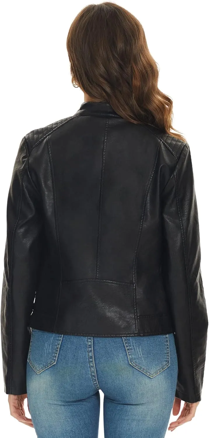 Fahsyee Black Faux Leather Jackets for Women Motorcycle PU Moto Biker Outwear Coat