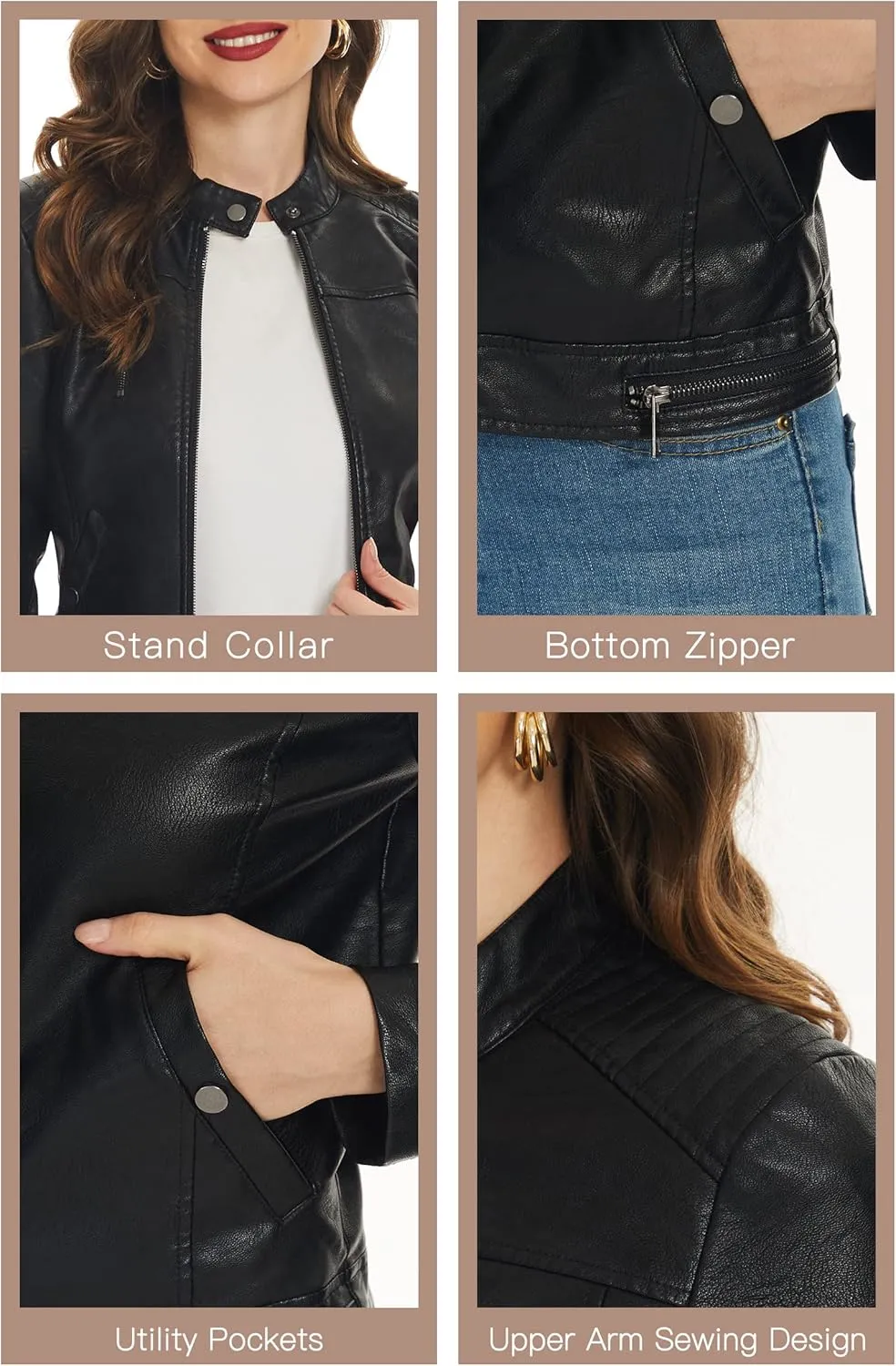 Fahsyee Black Faux Leather Jackets for Women Motorcycle PU Moto Biker Outwear Coat