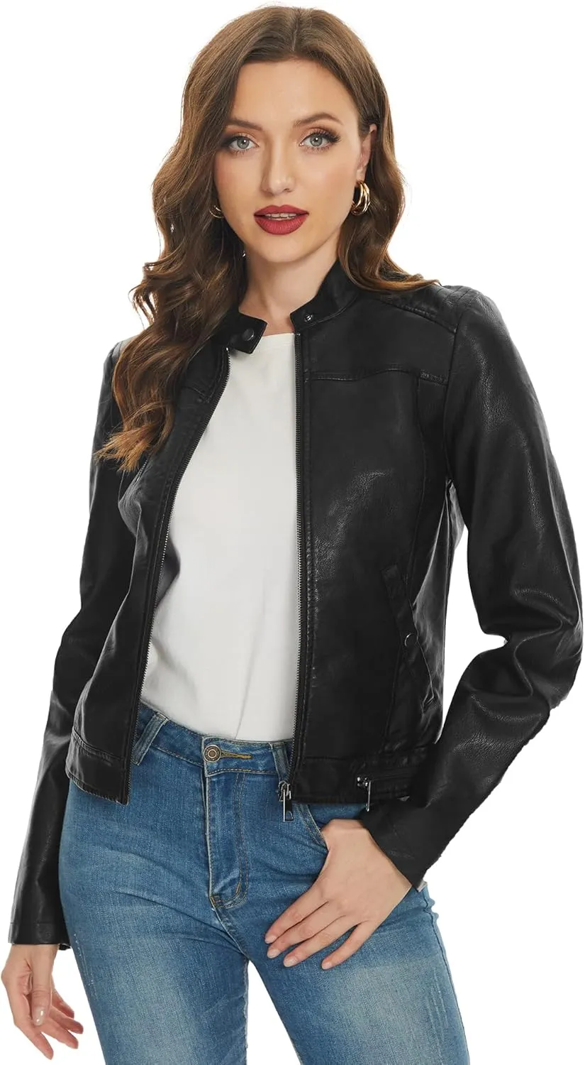 Fahsyee Black Faux Leather Jackets for Women Motorcycle PU Moto Biker Outwear Coat