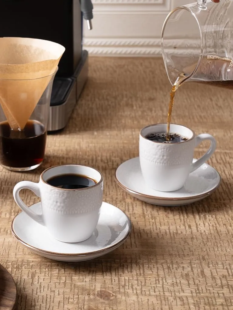 famiware Espresso Cups and Saucers Set of 4, 3 oz Ceramic Small Coffee Mug with Handle, Embossed Stoneware Demitasse Cup for Tea, Latte - Microwave & Dishwasher Safe - White Flower