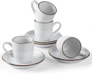 famiware Espresso Cups and Saucers Set of 4, 3 oz Ceramic Small Coffee Mug with Handle, Embossed Stoneware Demitasse Cup for Tea, Latte - Microwave & Dishwasher Safe - White Flower