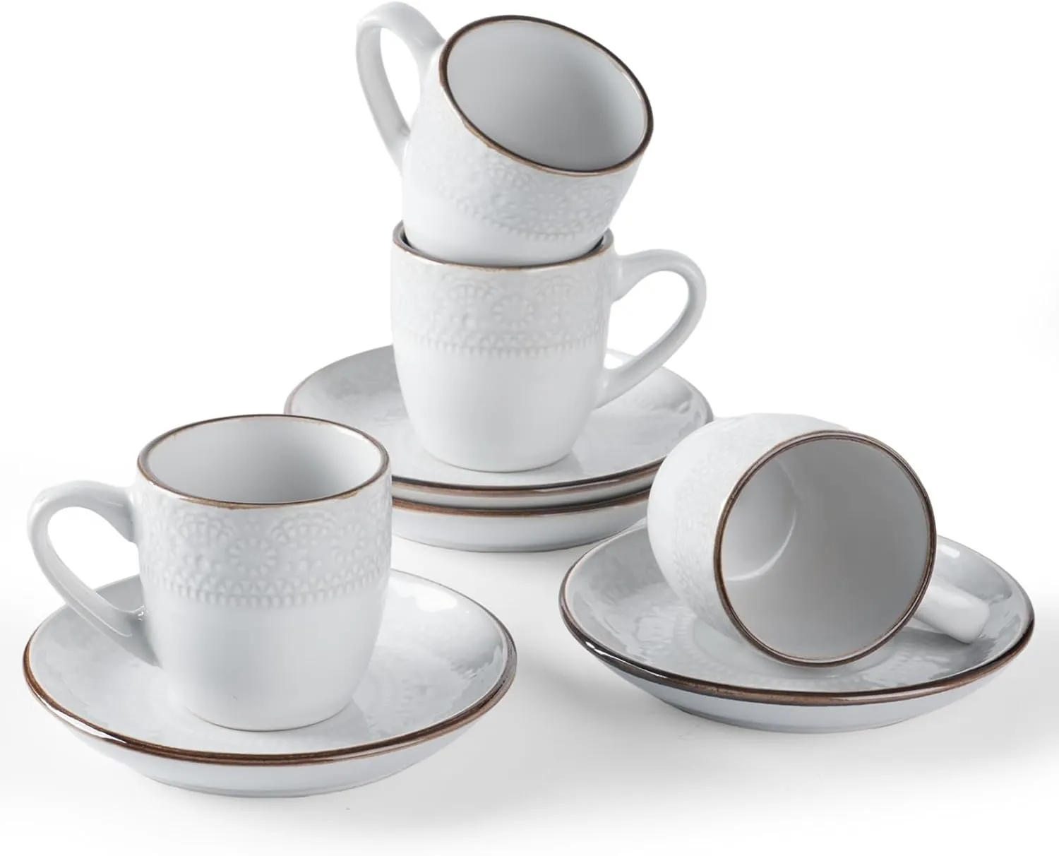 famiware Espresso Cups and Saucers Set of 4, 3 oz Ceramic Small Coffee Mug with Handle, Embossed Stoneware Demitasse Cup for Tea, Latte - Microwave & Dishwasher Safe - White Flower