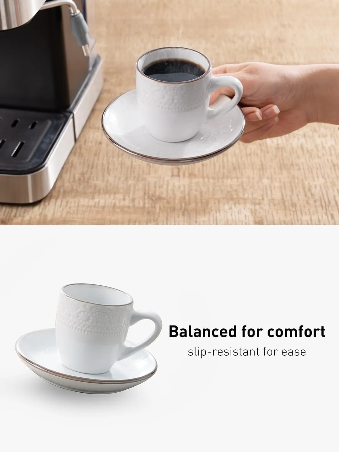 famiware Espresso Cups and Saucers Set of 4, 3 oz Ceramic Small Coffee Mug with Handle, Embossed Stoneware Demitasse Cup for Tea, Latte - Microwave & Dishwasher Safe - White Flower