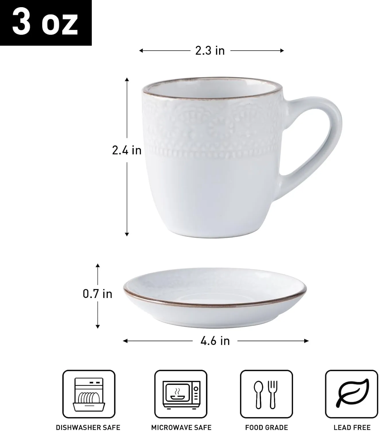 famiware Espresso Cups and Saucers Set of 4, 3 oz Ceramic Small Coffee Mug with Handle, Embossed Stoneware Demitasse Cup for Tea, Latte - Microwave & Dishwasher Safe - White Flower