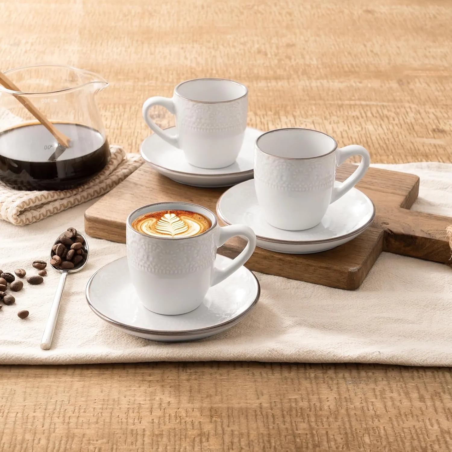 famiware Espresso Cups and Saucers Set of 4, 3 oz Ceramic Small Coffee Mug with Handle, Embossed Stoneware Demitasse Cup for Tea, Latte - Microwave & Dishwasher Safe - White Flower