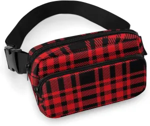 Fanny Pack Belt Waist Bag, Unisex Waterproof Crossbody Bum Bag with Adjustable Strap, Tartan Plaid Red Sports Hip Pouch for Outdoor Workout Travel