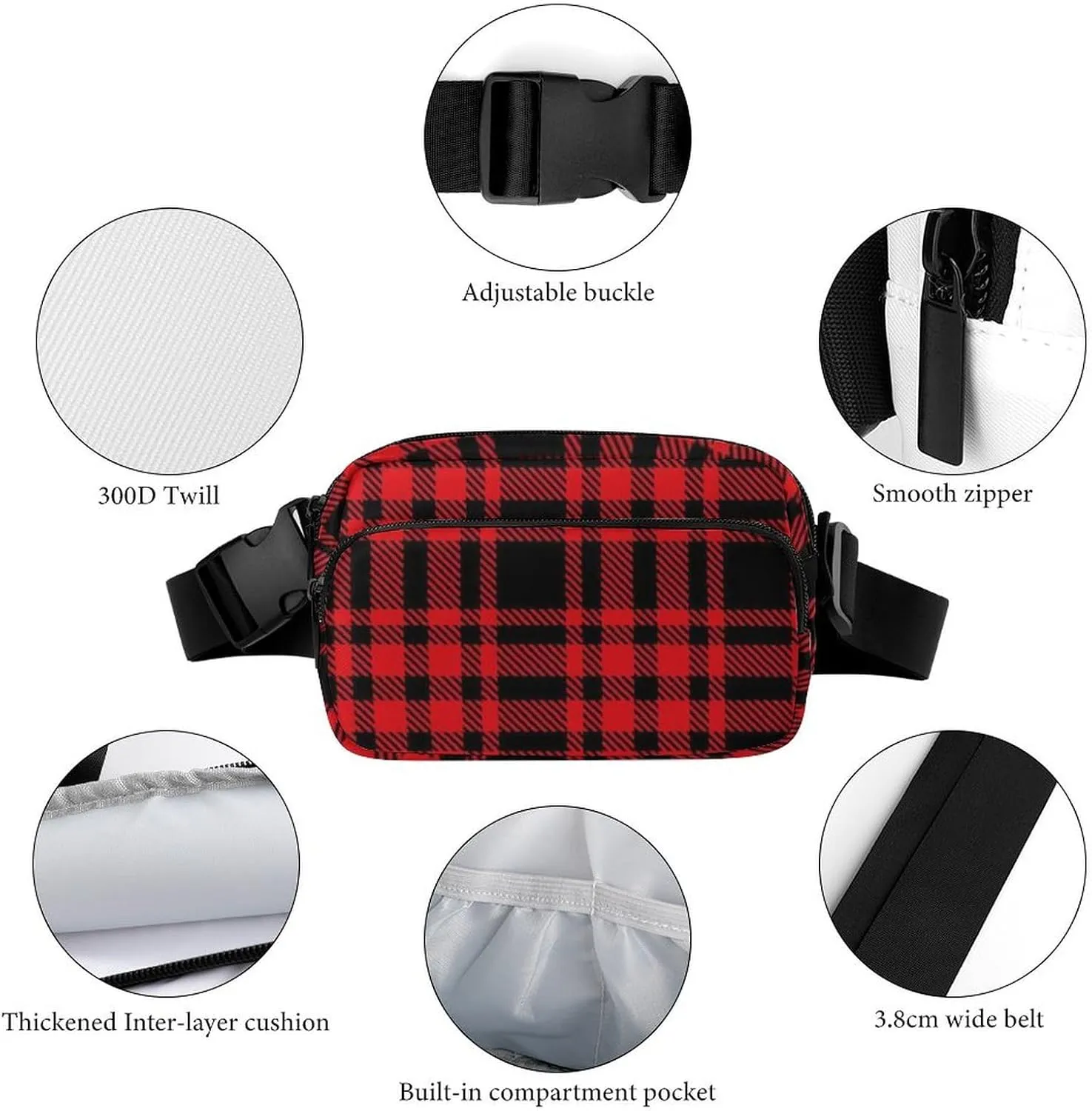 Fanny Pack Belt Waist Bag, Unisex Waterproof Crossbody Bum Bag with Adjustable Strap, Tartan Plaid Red Sports Hip Pouch for Outdoor Workout Travel