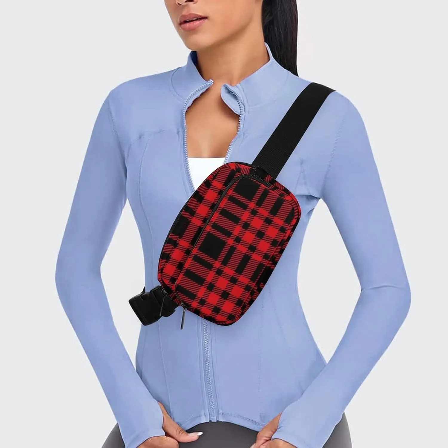 Fanny Pack Belt Waist Bag, Unisex Waterproof Crossbody Bum Bag with Adjustable Strap, Tartan Plaid Red Sports Hip Pouch for Outdoor Workout Travel