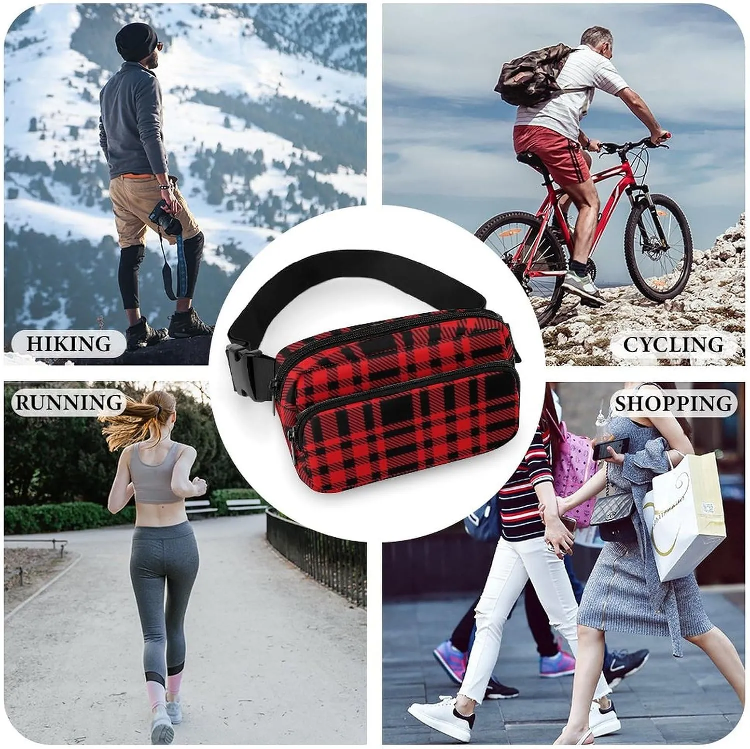 Fanny Pack Belt Waist Bag, Unisex Waterproof Crossbody Bum Bag with Adjustable Strap, Tartan Plaid Red Sports Hip Pouch for Outdoor Workout Travel