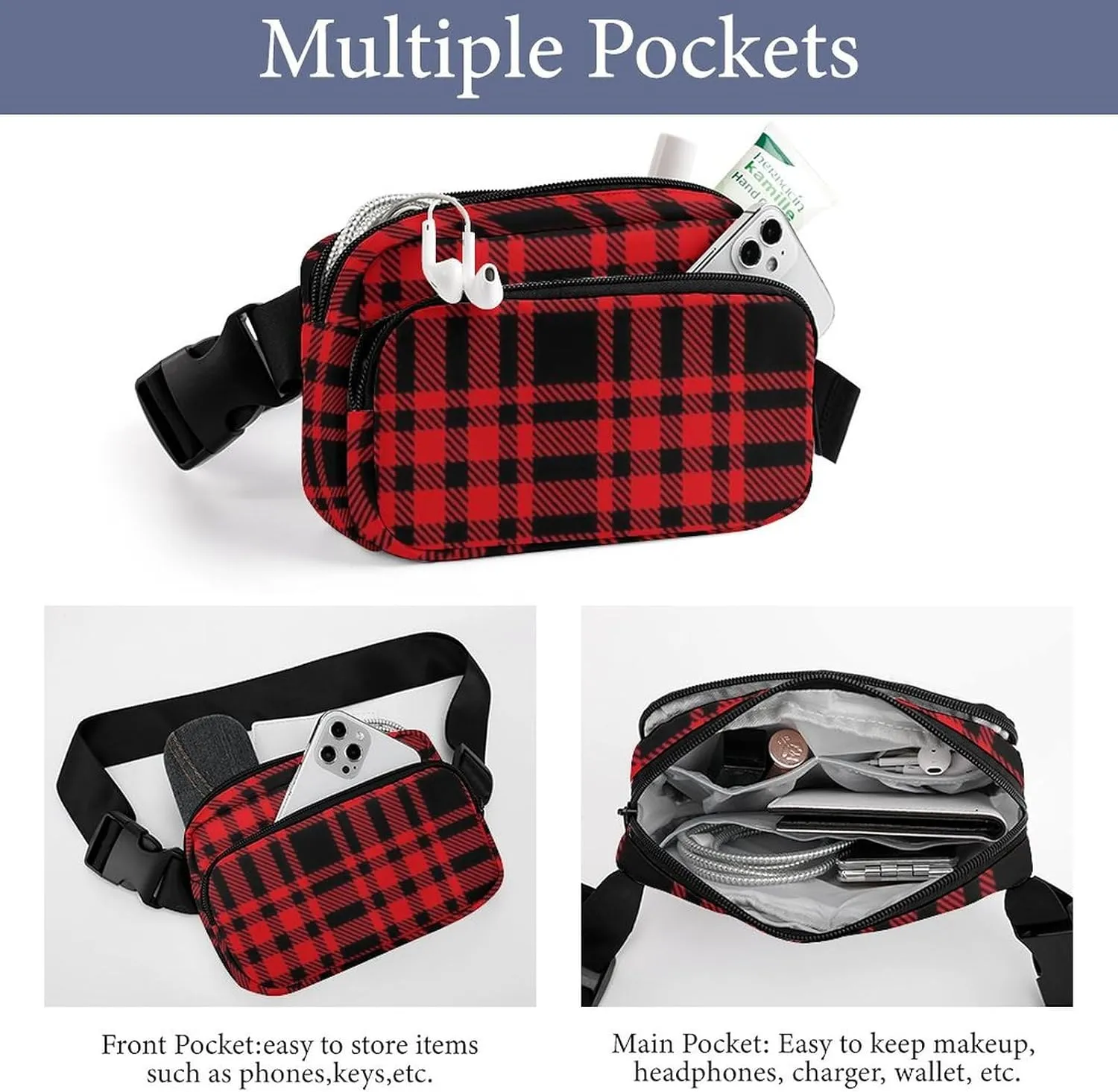 Fanny Pack Belt Waist Bag, Unisex Waterproof Crossbody Bum Bag with Adjustable Strap, Tartan Plaid Red Sports Hip Pouch for Outdoor Workout Travel