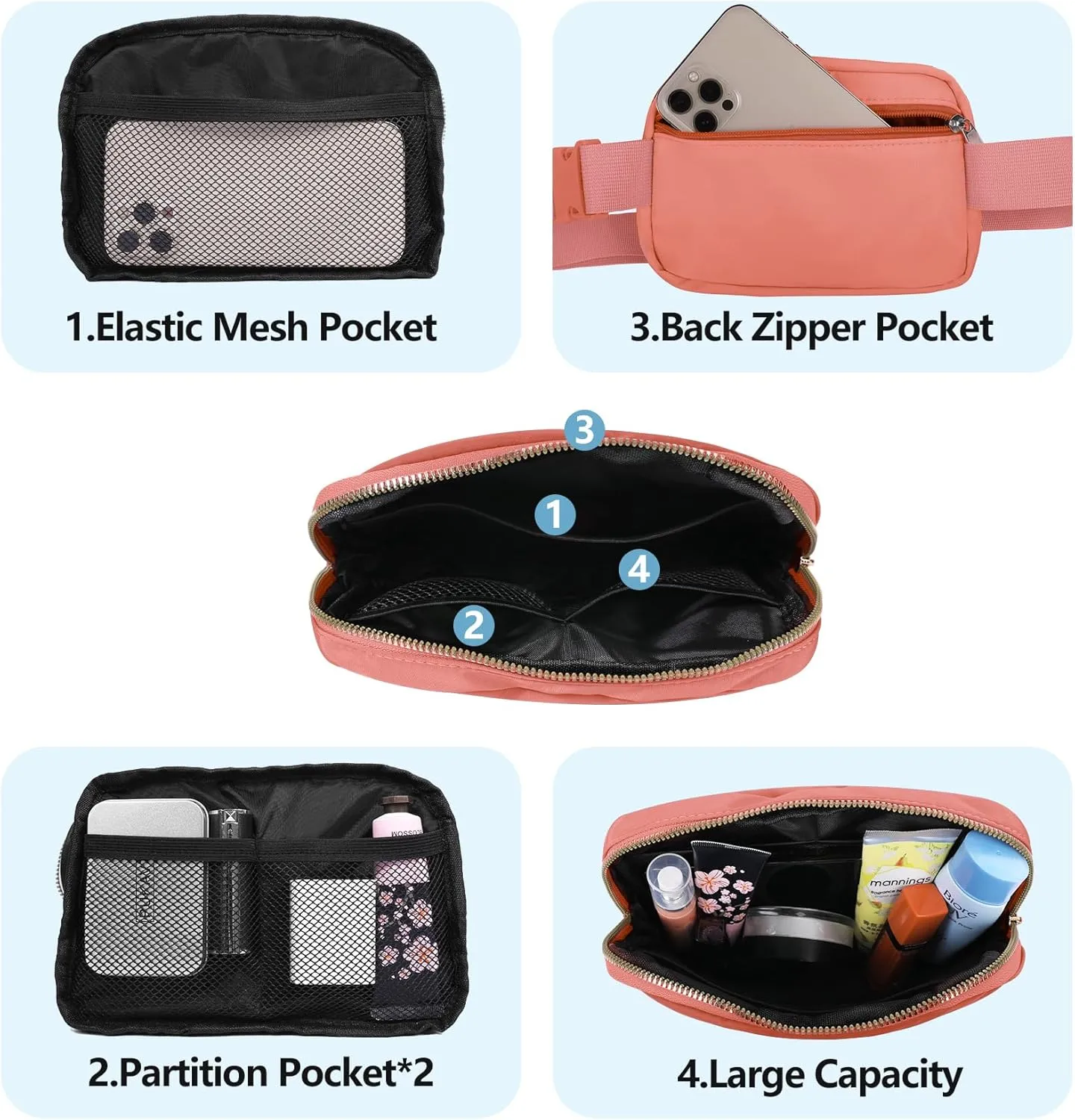 Fanny Pack Crossbody Bag for Women and Men, Belt Bag for Hiking Bum Bag with Adjustable Strap, Waist pack for Running Workout Sports Travel Black Dark Pink