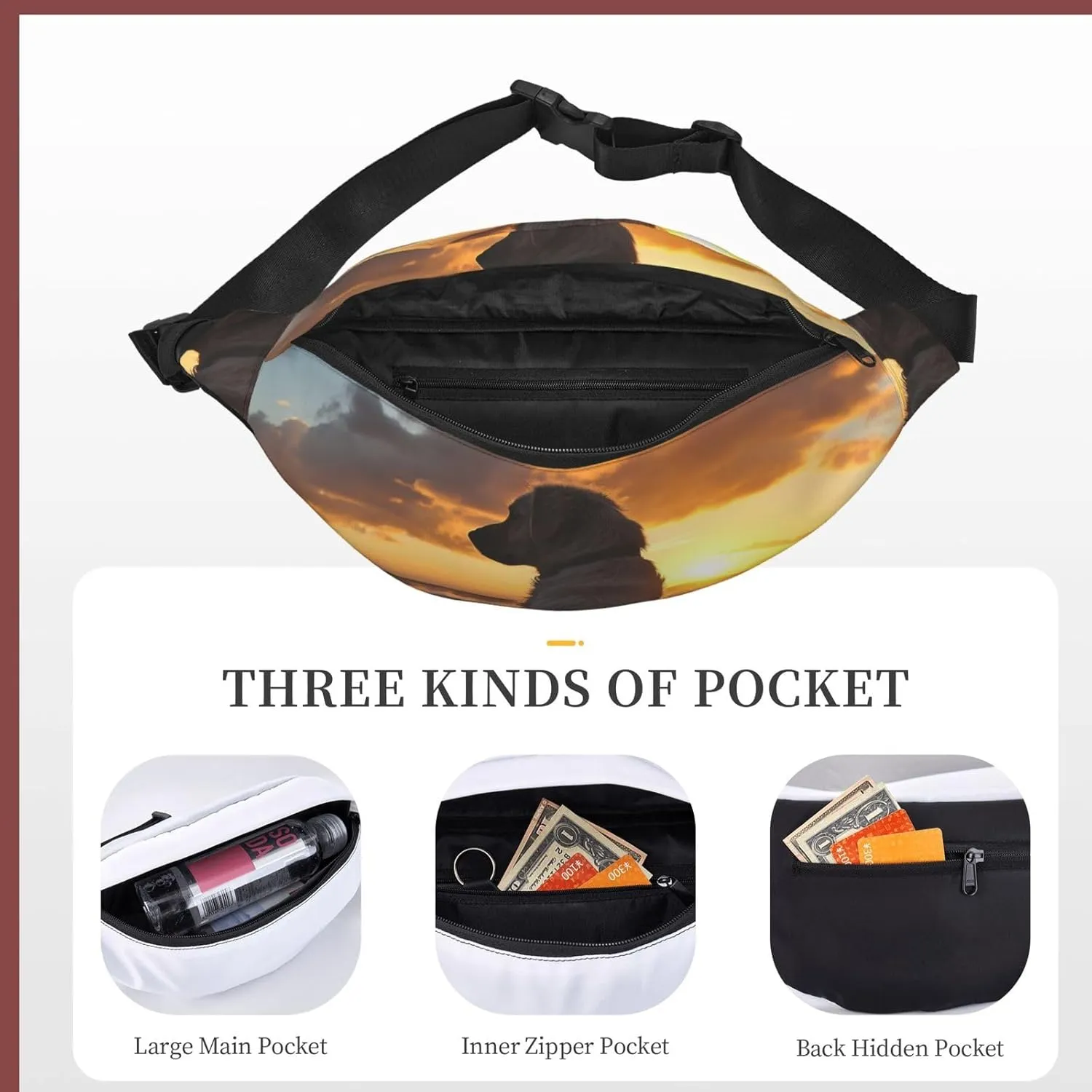 Fanny Pack Dog And Sunset Waist Pack For Women Men Waterproof Belt Bag With Adjustable Belt Casual Crossbody Bag Travel Waist Bag For Sports Running Cycling