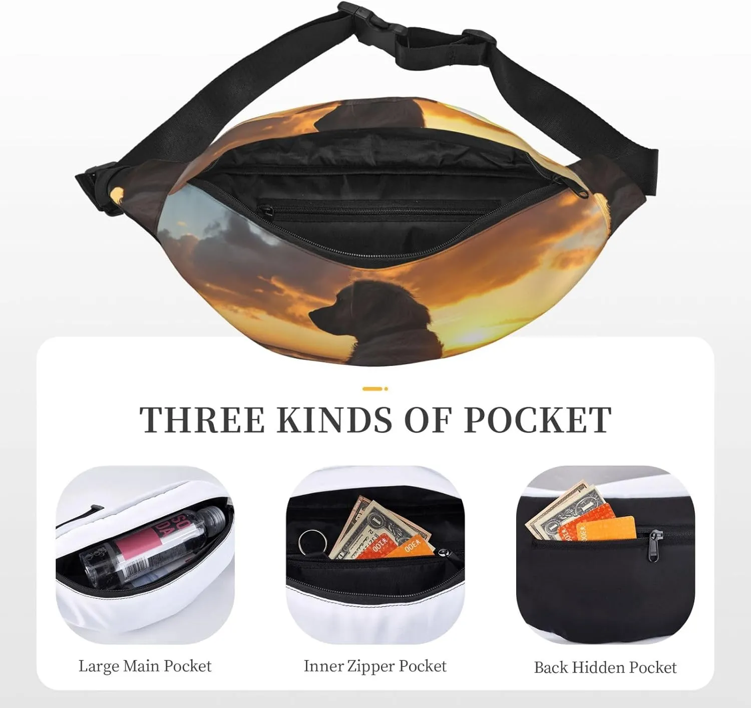 Fanny Pack Dog And Sunset Waist Pack For Women Men Waterproof Belt Bag With Adjustable Belt Casual Crossbody Bag Travel Waist Bag For Sports Running Cycling