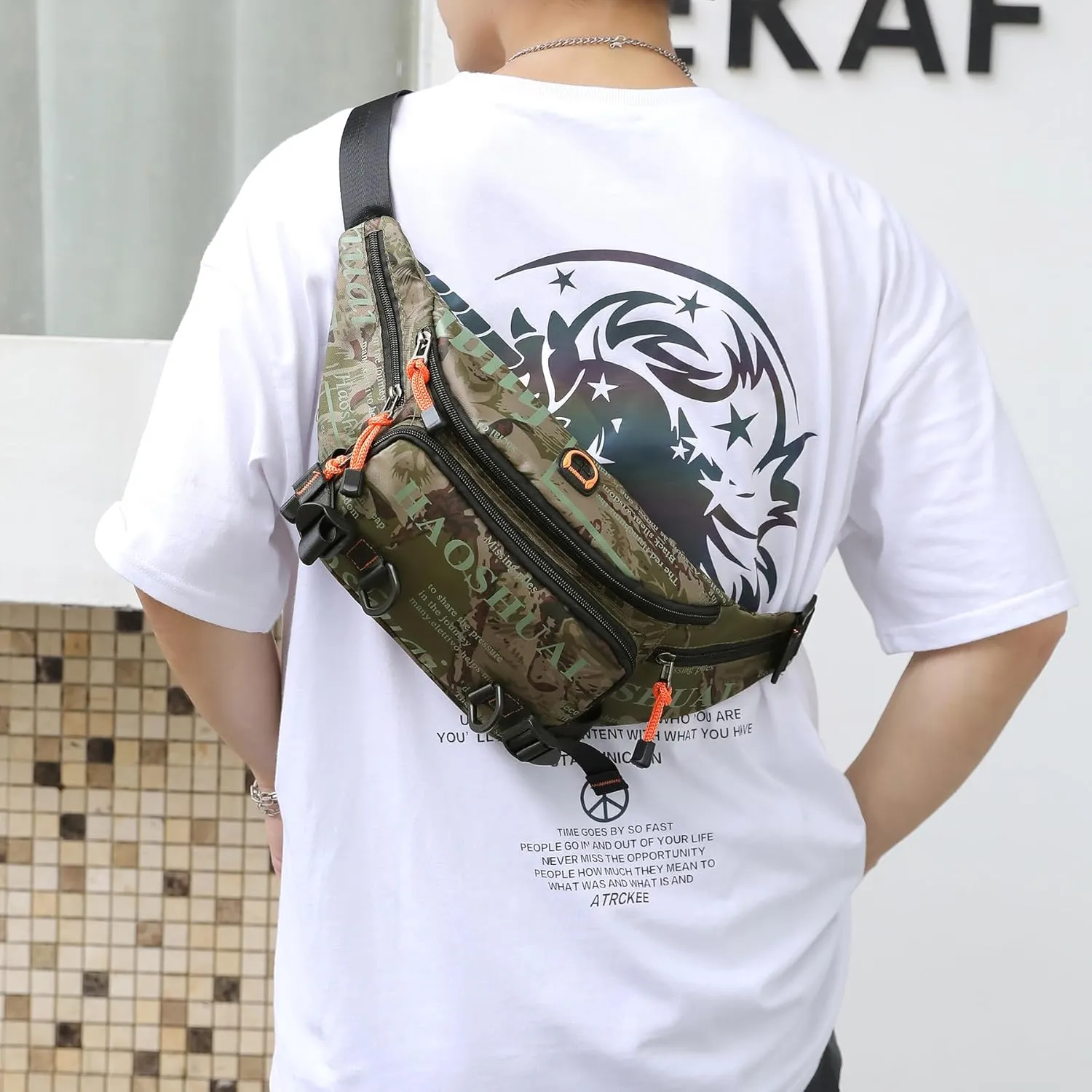 Fanny Pack for Men Women Waist Bag with Headphone Jack Utility Hip Belt Pouch Crossbody Bags Bumbag for Cycling Hiking Walking Fishing Camo