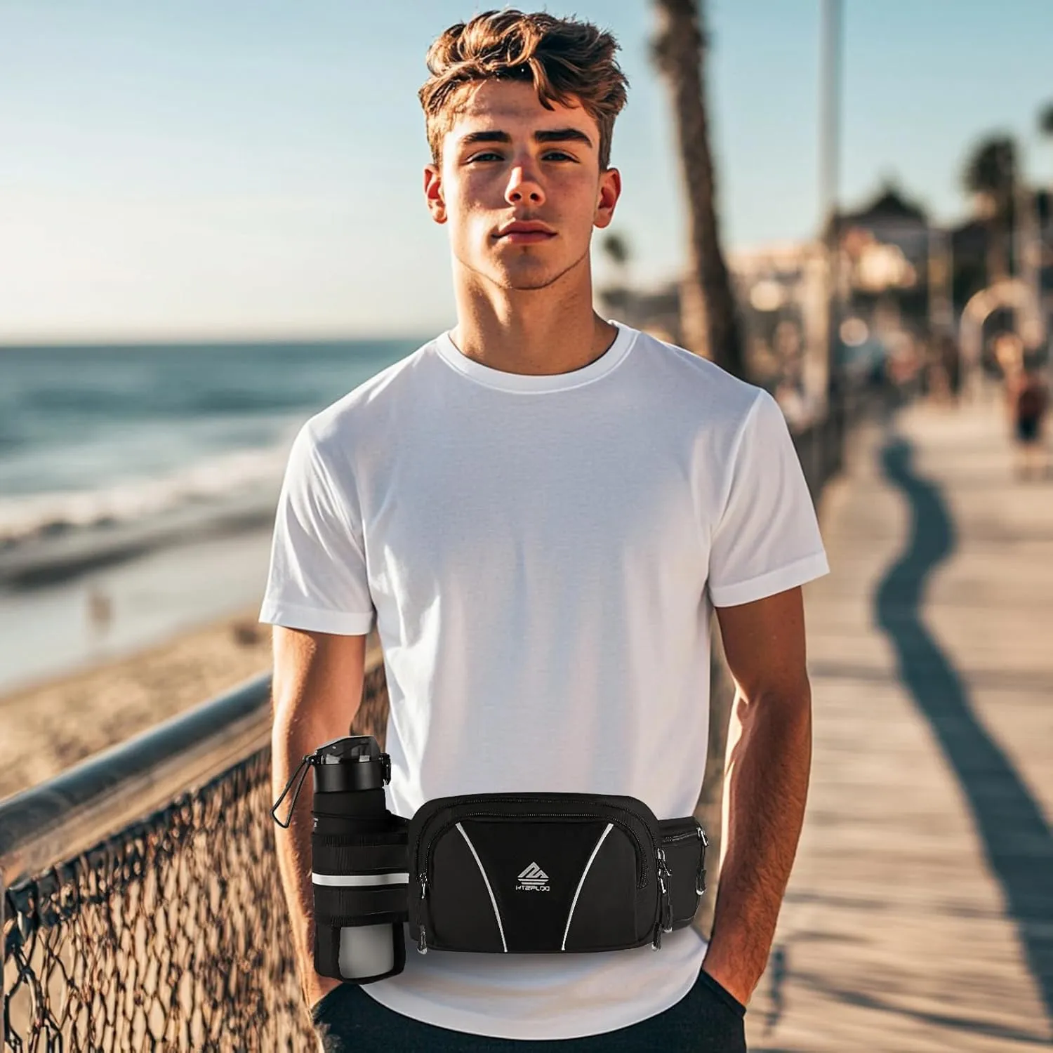 Fanny Pack for Men Women Waist Bag with Water Bottle Holder for Hiking, travel,Dog Walking, Workout,Cycling (Black)