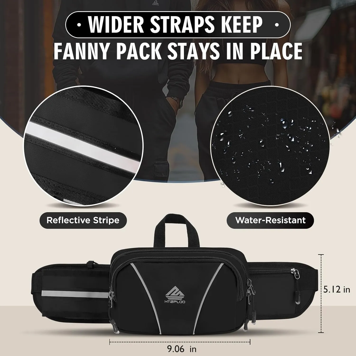 Fanny Pack for Men Women Waist Bag with Water Bottle Holder for Hiking, travel,Dog Walking, Workout,Cycling (Black)