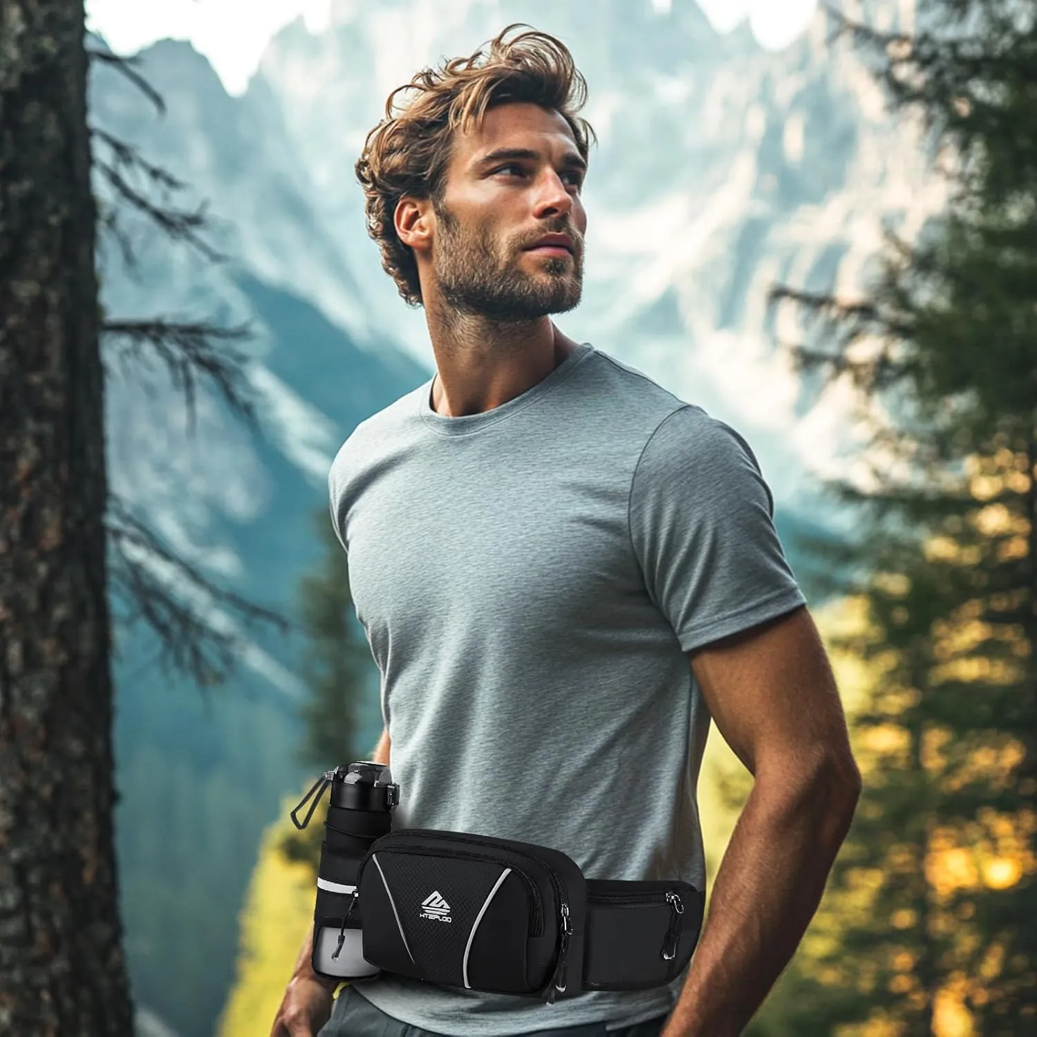 Fanny Pack for Men Women Waist Bag with Water Bottle Holder for Hiking, travel,Dog Walking, Workout,Cycling (Black)