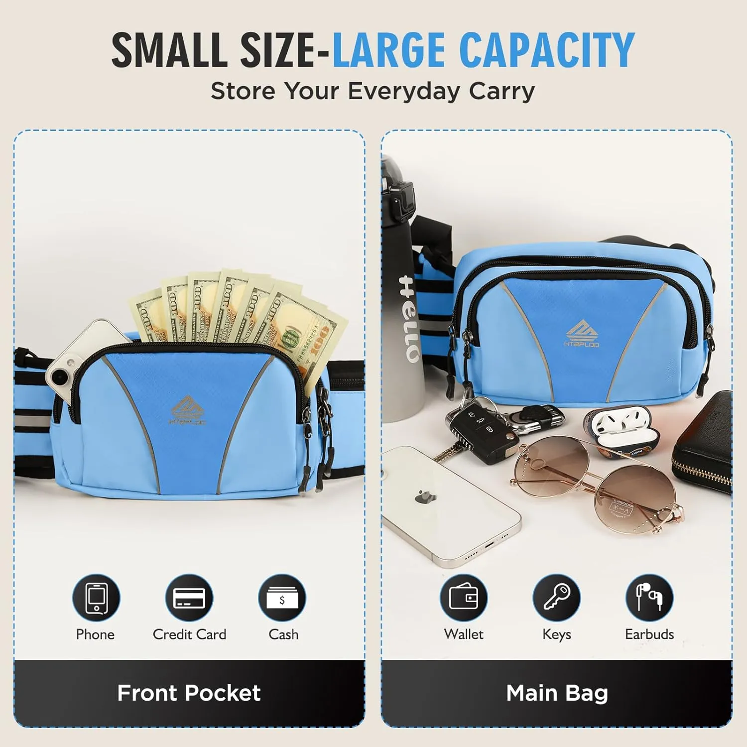 Fanny Pack for Men Women Waist Bag with Water Bottle Holder for Hiking, travel,Dog Walking, Workout,Cycling (Light Blue)