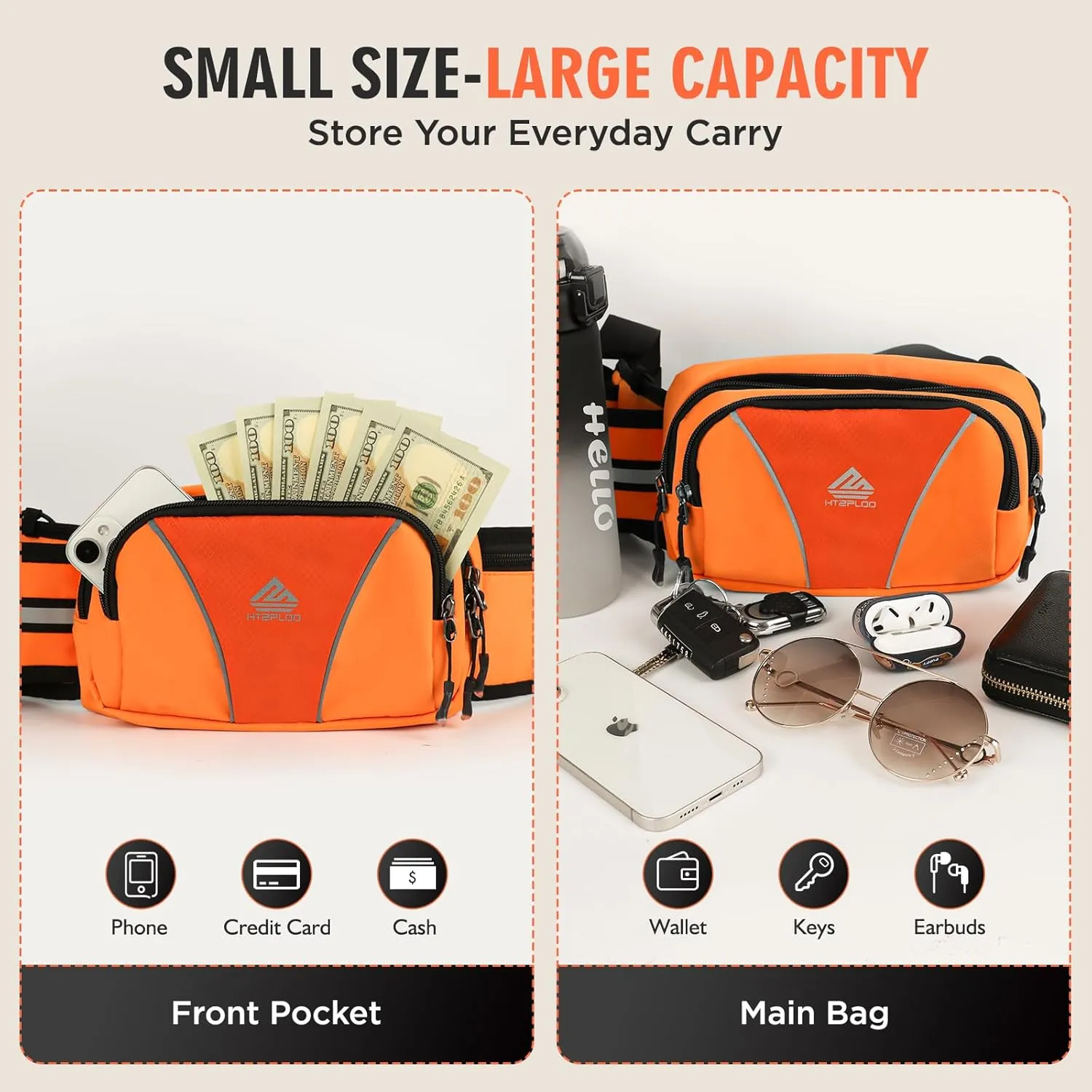 Fanny Pack for Men Women Waist Bag with Water Bottle Holder for Hiking, travel,Dog Walking, Workout,Cycling (Orange)