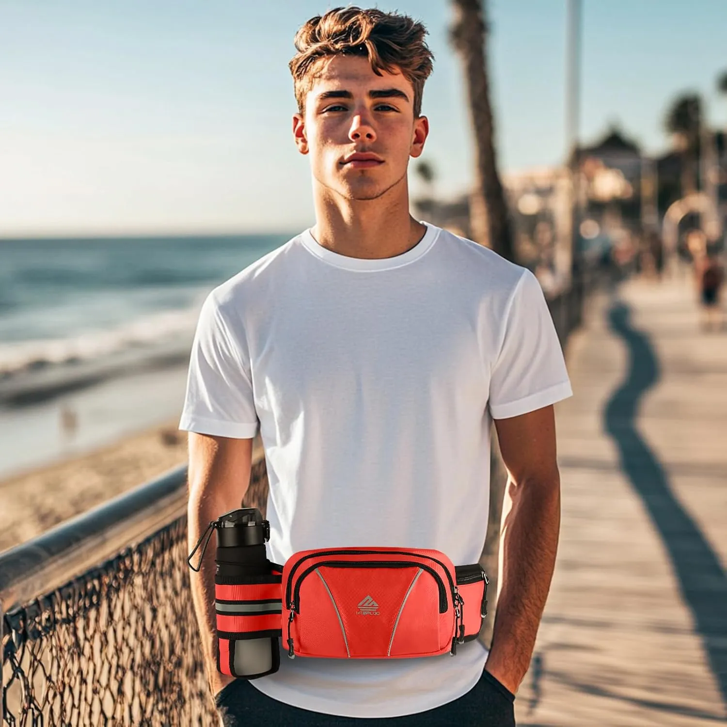 Fanny Pack for Men Women Waist Bag with Water Bottle Holder for Hiking, travel,Dog Walking, Workout,Cycling (Red)