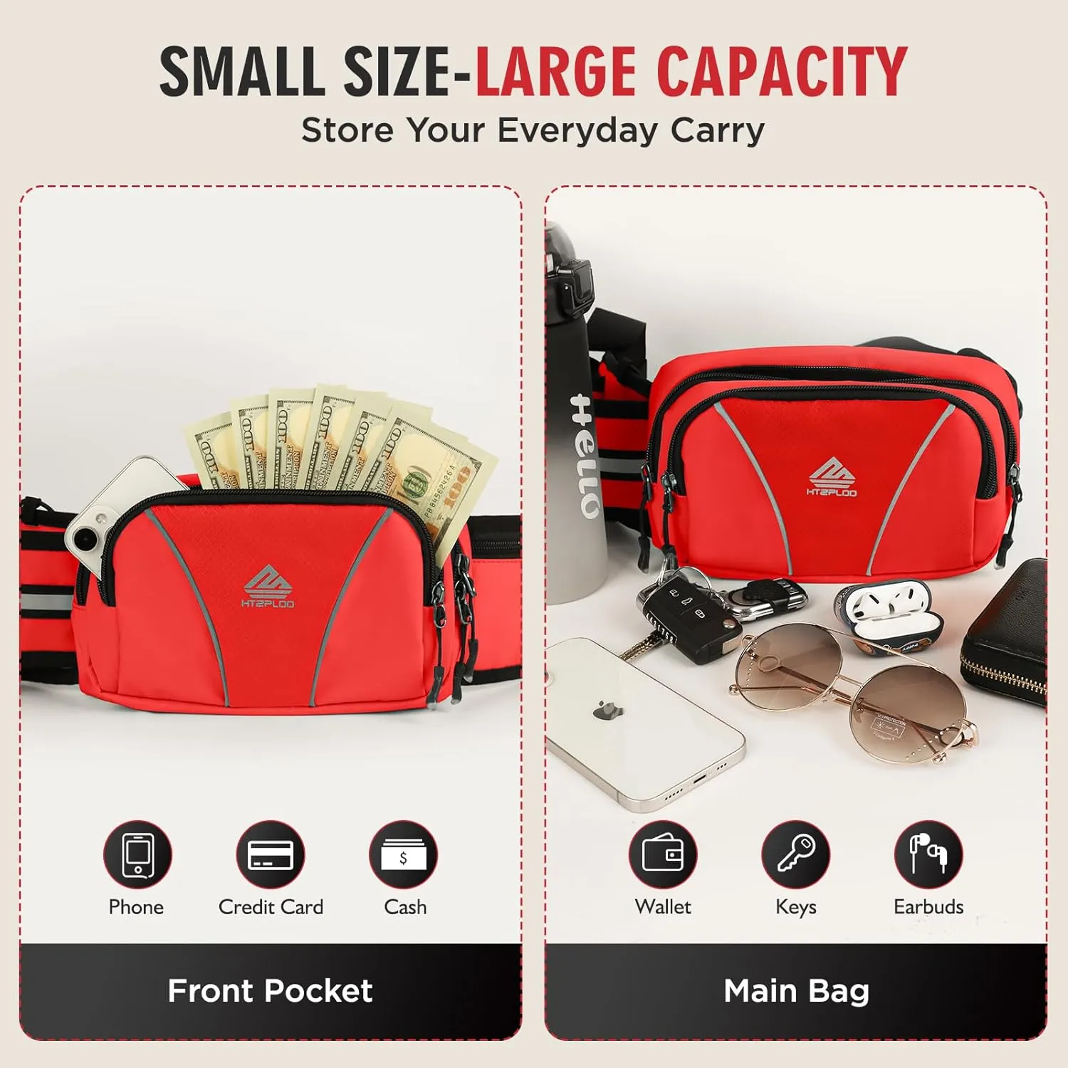 Fanny Pack for Men Women Waist Bag with Water Bottle Holder for Hiking, travel,Dog Walking, Workout,Cycling (Red)