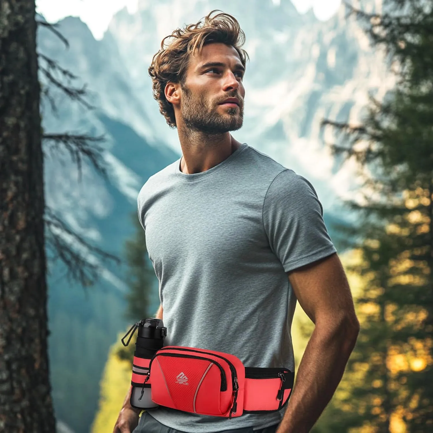 Fanny Pack for Men Women Waist Bag with Water Bottle Holder for Hiking, travel,Dog Walking, Workout,Cycling (Red)