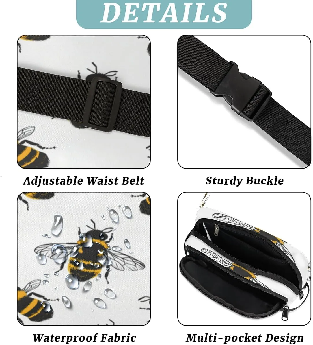 Fanny Pack for Men Women, Waterproof Sports Waist Bag Pack, Wild Animals Bee Belt Bag for Travel Hiking Running, Travel Chest Bag with Adjustable Strap, Honeybees