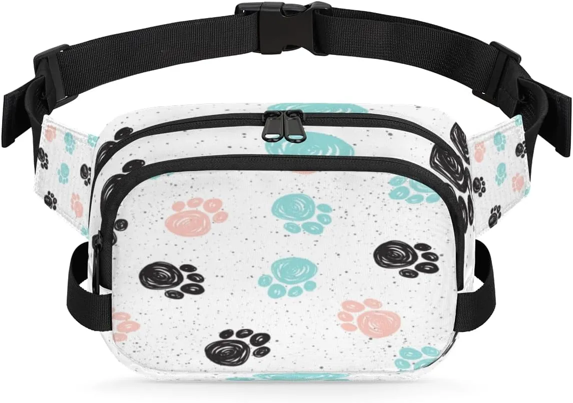 Fanny Pack for Women Men Animal Paws Print Crossbody Belt Bag with 3 Zipper Pockets Fashion Waterproof Waist Pack with Adjustable Strap for Travel Running Hiking Cycling