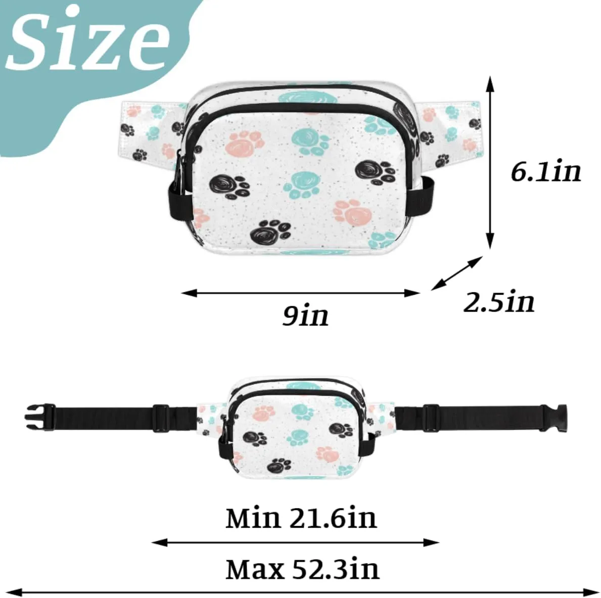 Fanny Pack for Women Men Animal Paws Print Crossbody Belt Bag with 3 Zipper Pockets Fashion Waterproof Waist Pack with Adjustable Strap for Travel Running Hiking Cycling