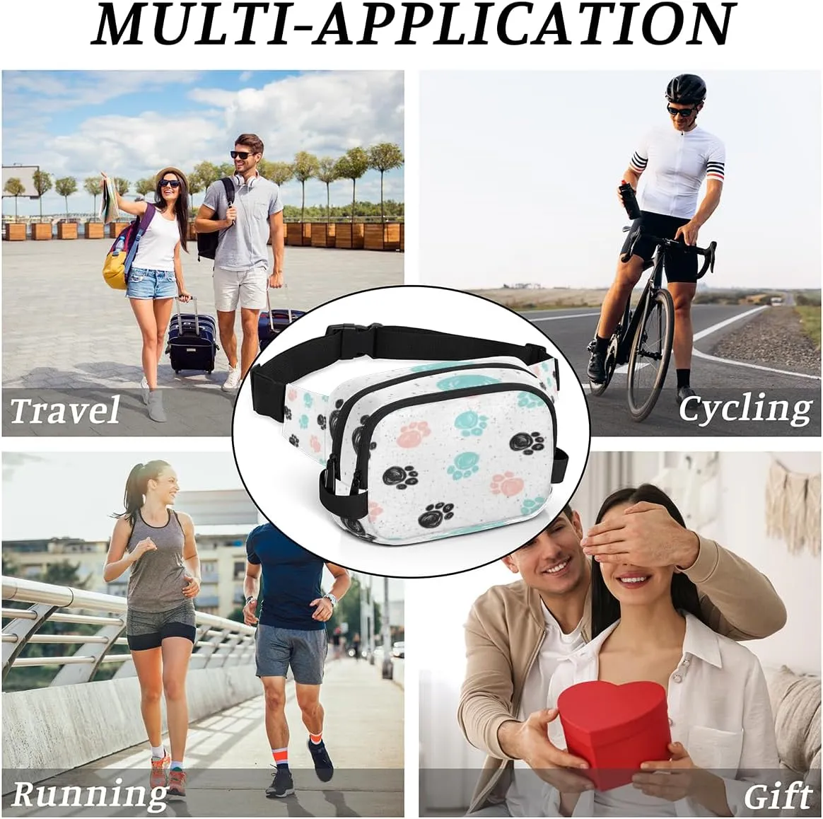 Fanny Pack for Women Men Animal Paws Print Crossbody Belt Bag with 3 Zipper Pockets Fashion Waterproof Waist Pack with Adjustable Strap for Travel Running Hiking Cycling