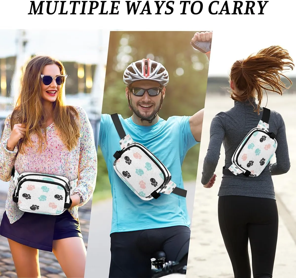 Fanny Pack for Women Men Animal Paws Print Crossbody Belt Bag with 3 Zipper Pockets Fashion Waterproof Waist Pack with Adjustable Strap for Travel Running Hiking Cycling