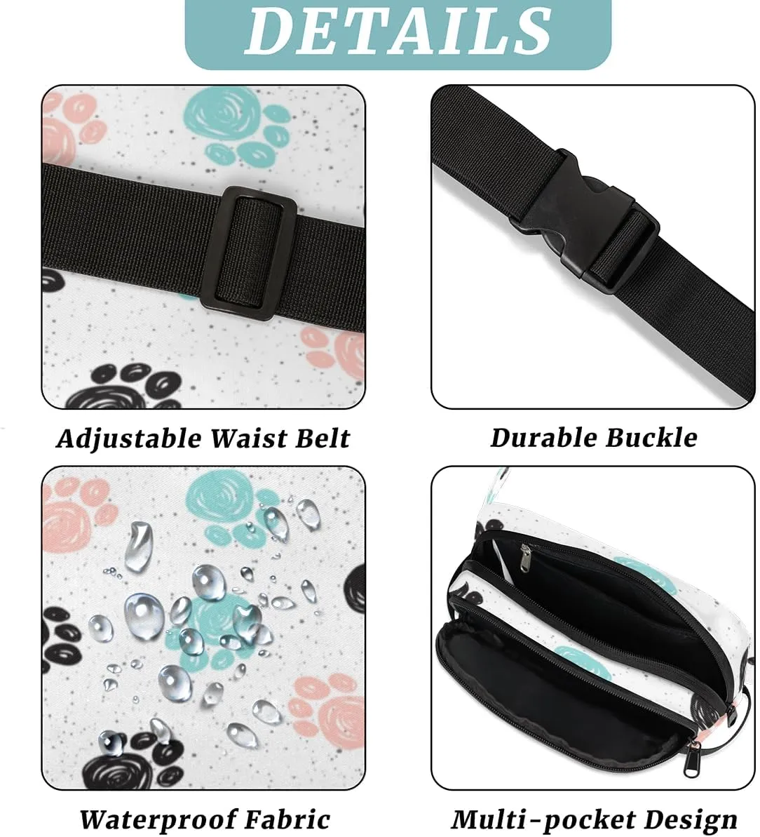 Fanny Pack for Women Men Animal Paws Print Crossbody Belt Bag with 3 Zipper Pockets Fashion Waterproof Waist Pack with Adjustable Strap for Travel Running Hiking Cycling
