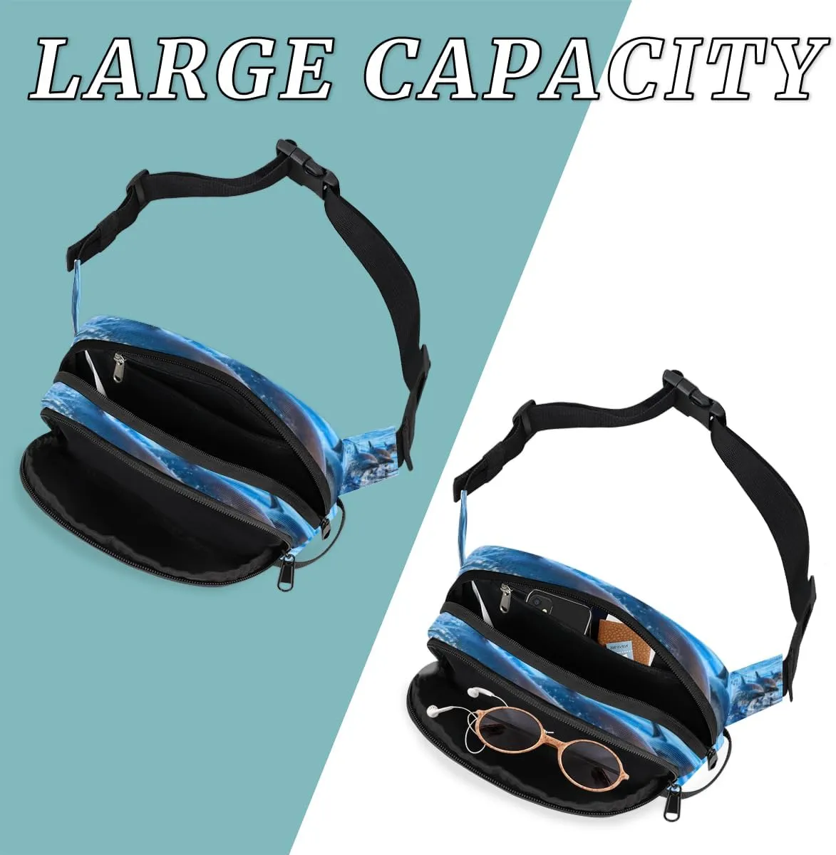 Fanny Pack for Women Men Cute Dolphin Pattern Crossbody Belt Bag with 3 Zipper Pockets Fashion Waterproof Waist Pack with Adjustable Strap for Travel Running Hiking Cycling