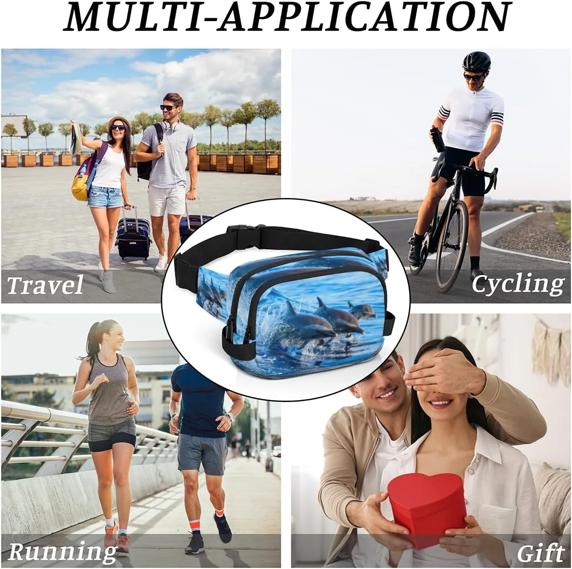 Fanny Pack for Women Men Cute Dolphin Pattern Crossbody Belt Bag with 3 Zipper Pockets Fashion Waterproof Waist Pack with Adjustable Strap for Travel Running Hiking Cycling
