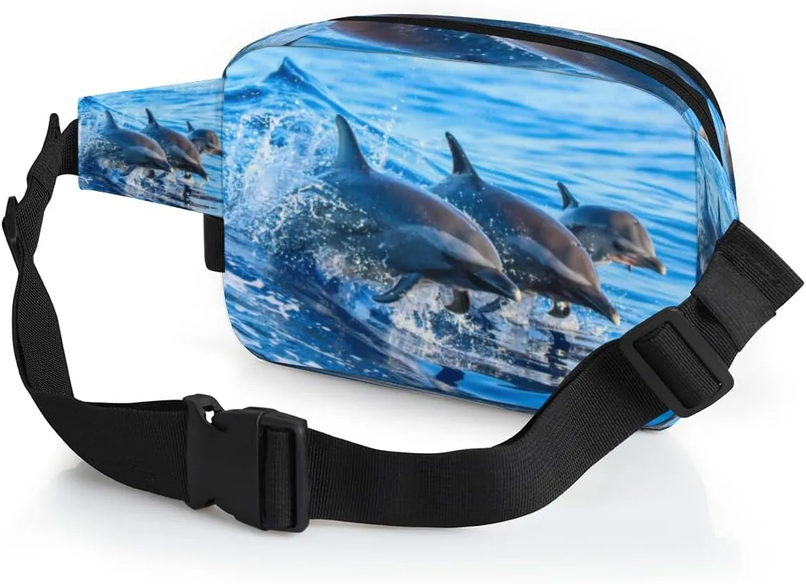 Fanny Pack for Women Men Cute Dolphin Pattern Crossbody Belt Bag with 3 Zipper Pockets Fashion Waterproof Waist Pack with Adjustable Strap for Travel Running Hiking Cycling